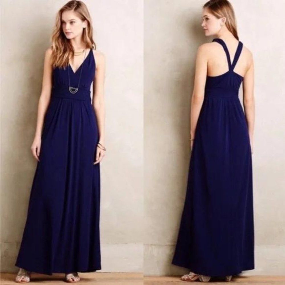 Anthropologie Maeve Yumi Maxi Dress Navy Blue V-Neck Woven Waistband Size 10